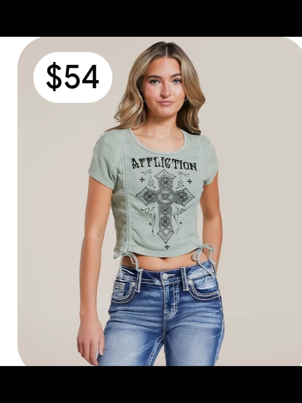 Affliction Sage Green Cross-Front Drawstring Crop Tee
